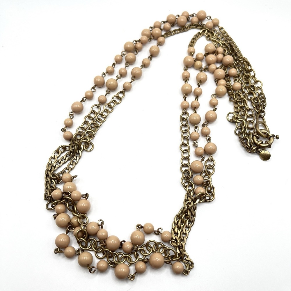J  Crew‎ Beige Peach Beaded Statement Necklace Gold Tone Multi Chain 24"